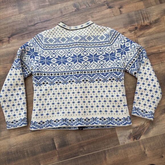 L.L. Bean Cardigan Sweater Blue Cream Nordic Fair Isle Wool Ski Womens Small Reg - Picture 2 of 8